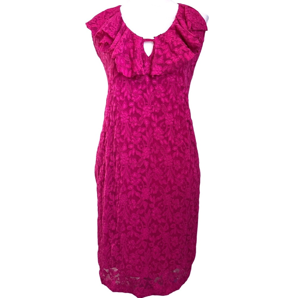 Moda International Y2K Magenta Floral Lace Ruffle Halter Dress Open Back Large L